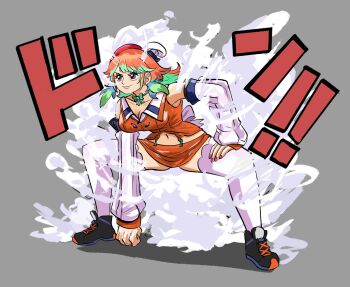 1girl bare_shoulders breasts cleavage clenched_hand full_body gear_second green_hair grey_background hand_on_ground hand_on_own_leg highres hololive hololive_english large_breasts multicolored_hair one_piece orange_hair orange_skirt orange_vest parody peagade simple_background skirt solo sound_effects steam style_parody takanashi_kiara takanashi_kiara_(1st_costume) two-tone_hair vest virtual_youtuber