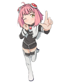 1girl ahoge black_dress boots brown_eyes clenched_hand dress full_body headgear highres index_finger_raised kansoku leg_up looking_at_viewer momo_mizrahi one_eye_closed outstretched_arm pink_hair short_dress short_hair smile solo standing standing_on_one_leg thigh_boots thighs white_boots xenosaga xenosaga_episode_i