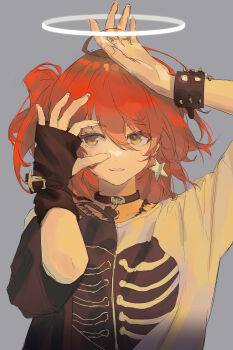 1girl absurdres alternate_costume arknights arm_up black_choker bracelet chinese_commentary choker commentary_request detached_sleeves detached_wings earrings exusiai_(arknights) grey_background hair_between_eyes halo hand_up heart heart_choker heart_print highres jewelry keke_pingguo_pai looking_to_the_side necklace ok_sign ok_sign_over_eye one_side_up red_hair shirt short_hair simple_background skeleton_print smile solo spiked_bracelet spikes star_(symbol) star_earrings t-shirt two-tone_shirt upper_body wings