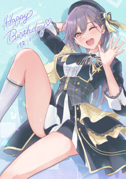 Rule 34 | 1girl, absurdres, arm up, black bow, black hair, black hat, black jacket, black necktie, black skirt, blue background, bow, breasts, center frills, collared shirt, commentary, corset, cursive, dated, dress shirt, frills, grey corset, grey hair, hair bow, happy birthday, hat, heart, highres, jacket, jellyfish cut, katsuragi izumi, knee up, kobassy, layered necktie, link! like! love live!, long hair, looking at viewer, love live!, medium breasts, miniskirt, necktie, official alternate costume, open clothes, open jacket, pleated skirt, shirt, skirt, solo, striped clothes, theater ikizama, underbust, vertical-striped clothes, vertical-striped necktie, virtual youtuber, waving, white shirt, yellow bow, yellow necktie