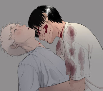 Rule 34 | 2boys, black hair, blood, blood on clothes, blood on face, blush, commentary request, grey background, grey shirt, highres, hikaru ga shinda natsu, indou hikaru, k1tr jun, male focus, mole, mole on cheek, mole on neck, mole under mouth, multiple boys, multiple moles, red pupils, shirt, short eyebrows, short hair, simple background, tears, upper body, white hair, white shirt, yaoi
