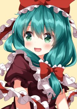 1girl :d blush commentary dress frilled_ribbon frills front_ponytail green_eyes hair_ribbon highres kagiyama_hina long_hair looking_to_the_side open_mouth red_dress red_ribbon ribbon ruu_(tksymkw) short_sleeves simple_background smile solo touhou upper_body yellow_background