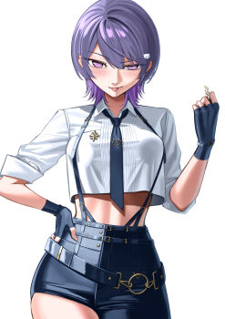 1girl absurdres belt black_belt black_gloves black_necktie black_pants blush breasts cat_hair_ornament closed_mouth commentary cowboy_shot crop_top fingerless_gloves gloves hair_ornament hand_on_own_hip highres ksp_(vtuber) looking_at_viewer medium_breasts meridian_project necktie pants purple_eyes purple_hair ryoyu_(ryoyustarlight) shirt shirt_partially_tucked_in shoes simple_background smile solo standing suspenders tie_clip tongue tongue_out virtual_youtuber white_background white_shirt