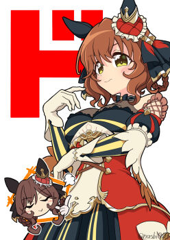 2girls animal_ears aston_machan_(umamusume) black_dress blush braid braided_hair_rings breasts brown_hair closed_eyes closed_mouth corset cosplay detached_sleeves dress ear_covers ear_ornament gentildonna_(regina_dei_fiori)_(umamusume) gentildonna_(umamusume) gentildonna_(umamusume)_(cosplay) genzo_nasu gloves green_eyes hair_between_eyes hair_ornament hair_rings heart-shaped_ornament heart_ear_ornament highres horse_ears horse_girl long_sleeves medium_hair multiple_girls red_corset see-through_cleavage see-through_clothes smile umamusume white_gloves