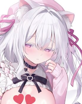 1girl ame_usari animal_ear_fluff beret black_bow black_collar blush bow breasts closed_mouth collar collared_shirt colored_eyelashes commentary_request grey_hair hair_between_eyes hair_intakes hair_ribbon hat heart heart-shaped_pupils jacket large_breasts long_hair long_sleeves open_clothes open_jacket original out-of-frame_censoring pink_hat pink_jacket pink_ribbon puffy_long_sleeves puffy_sleeves purple_eyes ribbon shirt simple_background sleeves_past_wrists solo sweat symbol-shaped_pupils two_side_up upper_body white_background white_shirt