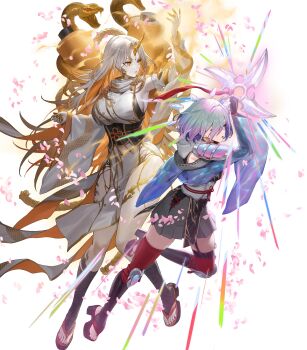 2girls aqua_hair attack blonde_hair breasts crystal fire_emblem fire_emblem_heroes fuuma_shuriken glowing gradient_hair grey_hair gullveig_(fire_emblem) gullveig_(ninja)_(fire_emblem) hair_ornament hair_over_one_eye highres holding holding_shuriken holding_weapon horns huge_breasts japanese_clothes kvasir_(fire_emblem) kvasir_(ninja)_(fire_emblem) long_hair multicolored_hair multiple_girls nintendo non-web_source official_alternate_costume official_art petals sand sandals scarf scroll short_hair shuriken sideboob single_horn small_breasts snake_hair_ornament very_long_hair weapon yellow_eyes