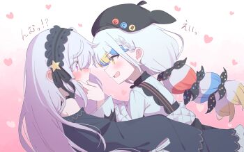 Rule 34 | 2girls, absurdres, artist painter, beret, black dress, black hat, black headband, blush, bow, dress, ear blush, gothic lolita, hairband, hand on another's mouth, hat, headband, heart, highres, jogasaki noah, lolita fashion, lolita hairband, looking at another, mahou shoujo no majo saiban, multi-tied hair, multicolored hair, multiple girls, natsume an-an, negimasandayo, nose blush, paint stains, polka dot, polka dot bow, purple eyes, simple background, sleeves past fingers, sleeves past wrists, translation request, twintails, valentine, white hair, yellow eyes, yuri