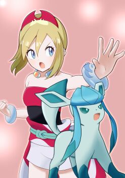 1girl :o absurdres blonde_hair blue_eyes bracelet clenched_hand commentary_request eyelashes gen_4_pokemon glaceon hair_between_eyes hairband highres irida_(pokemon) jewelry looking_to_the_side medium_hair neck_ring nintendo open_mouth outstretched_arm pink_background pokemon pokemon_(creature) pokemon_legends:_arceus red_hairband sash shirt shorts silverstars136 strapless strapless_shirt white_shorts