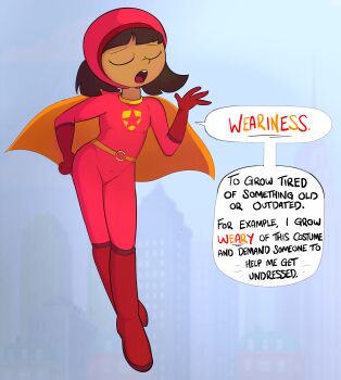 1girl becky_botsford brown_hair cape closed_eyes commentary dark-skinned_female dark_skin english_commentary english_text female_focus loli medium_hair open_mouth simple_background solo superhero_costume tight_clothes vdk600 wordgirl_(character) wordgirl_(series)