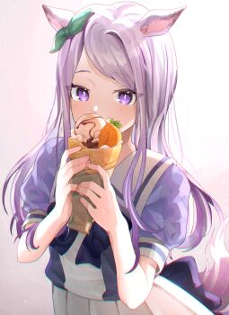 Rule 34 | 1girl, absurdres, animal ears, bow, bowtie, cowboy shot, crepe, ear bow, eating, food, green bow, highres, holding, holding food, horse ears, horse girl, horse tail, ice cream, long hair, looking at viewer, mejiro mcqueen (umamusume), ningen mame, pleated skirt, puffy short sleeves, puffy sleeves, purple bow, purple bowtie, purple eyes, purple hair, purple shirt, sailor collar, sailor shirt, school uniform, shirt, short sleeves, skirt, solo, tail, tracen school uniform, umamusume, white skirt