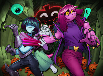 1boy 1girl 1other absurdres angusburgers annoying_dog armlet belt blue_skin bracelet colored_skin colored_teeth deltarune eyeball freckles furry gauntlets ghost glasses goat highres indoors jack-o&#039;-lantern jackenstein_(deltarune) jewelry kris_(dark_world)_(deltarune) kris_(deltarune) pink_scarf pink_skin purple_shirt ralsei scarf shirt spiked_armlet spiked_bracelet spikes susie_(dark_world)_(deltarune) susie_(deltarune) utdr_(toby_fox) yellow_eyes yellow_teeth