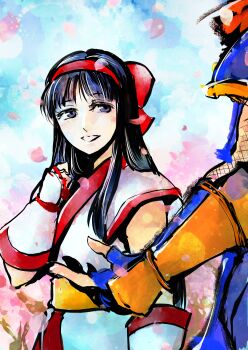 1girl ainu_clothes blue_eyes blue_hair breasts cherry_blossoms fingerless_gloves galford_d_weller gloves hair_ribbon head_out_of_frame height_difference highres japanese_clothes long_hair nakoruru ninja parted_lips ribbon samurai_spirits scarf small_breasts smile snk teeth