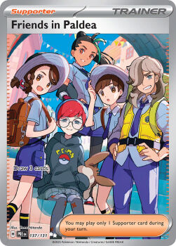2boys 3girls :d :o artist_name arven_(pokemon) backpack bag black_hair black_socks blue_hair braid brown_bag brown_eyes brown_hair card_(medium) closed_mouth collared_shirt company_name copyright_name copyright_notice eevee_backpack english_text eyelashes florian_(pokemon) glasses green_eyes green_hair grey_eyes grey_hoodie grey_pantyhose grey_shirt hair_over_one_eye hands_in_pockets hat holding_strap hood hood_down hoodie juliana_(pokemon) long_hair long_sleeves medium_hair multicolored_hair multiple_boys multiple_girls necktie nemona_(pokemon) nintendo nitanda_cona official_art open_clothes open_mouth open_vest orange_eyes pants pantyhose penny_(pokemon) poke_ball_print pokemon pokemon_card pokemon_sv pokemon_tcg ponytail print_pantyhose purple_necktie purple_pants purple_shorts red_hair round_eyewear school_uniform see-through_clothes see-through_skirt shirt short_hair short_sleeves shorts side_braid single_braid sitting skirt smile socks standing streaked_hair teeth third-party_source trading_card two-tone_hair uva_academy_school_uniform very_short_hair vest yellow_vest