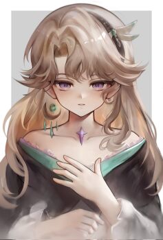 1girl bare_shoulders beryl_bouanich black_cloak border cloak commentary crescent crescent_earrings crystal_earrings dragonfly_hair_ornament earrings english_commentary floating_earrings grey_background grey_hair hand_on_own_chest hand_up highres jewelry kibtomato long_hair looking_at_viewer mismatched_earrings outside_border purple_eyes reverse:1999 solo upper_body white_border