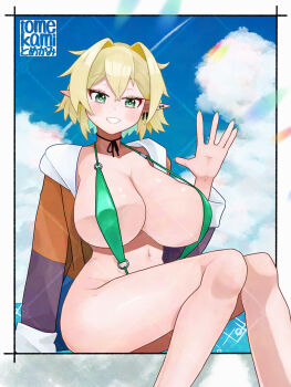 1girl alternate_breast_size_(larger) alternate_costume blonde_hair blue_sky blush border breasts brown_jacket cleavage cloud day earrings feet_out_of_frame green_eyes green_nails green_slingshot_swimsuit grin hair_intakes highres huge_breasts jacket jacket_on_shoulders jewelry looking_at_viewer mizuhashi_parsee outdoors outside_border pointy_ears short_hair sitting sky slingshot_swimsuit smile solo swimsuit tomekami touhou watermark watermark_grid waving white_border