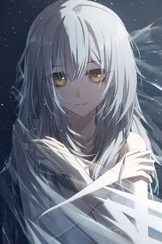 Rule 34 | 1girl, absurdres, black background, bu bai (wres2744), closed mouth, commentary request, covering breasts, covering privates, crossed arms, grey hair, hair between eyes, hand in own hair, hands up, highres, honkai: star rail, honkai (series), light particles, long hair, looking at viewer, nude, solo, stelle (honkai: star rail), trailblazer (honkai: star rail), upper body, yellow eyes