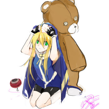 1boy accident ahoge ankle_boots back-to-back bike_shorts black_shorts blonde_hair blue_boots blue_veil blue_vest boots bridget_(guilty_gear) button_eyes buttons closed_mouth failure fingerless_gloves full_body gloves green_eyes guilty_gear guilty_gear_xx guimpe hands_on_own_head highres kneehighs large_teddy_bear light_blush long_sidelocks looking_at_viewer male_focus nun orokanahime pain pink_string roger_(guilty_gear) short_hair short_hair_with_long_locks shorts sidelocks signature simple_background sitting sketch socks string trap veil vest wariza white_background white_socks white_trim yo-yo