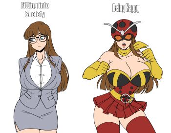 1girl absurdres arms_behind_back bare_shoulders blue_eyes breasts brown_hair buttons cleavage closed_mouth cowboy_shot glasses gloves goggles grey_jacket grey_skirt helmet highres huge_breasts iggybomb jacket long_hair looking_to_the_side office_lady okada_yuriko pleated_skirt red_skirt red_thighhighs scarf shirt simple_background skirt standing thighhighs toujima_tanzaburou_wa_kamen_rider_ni_naritai white_background white_shirt yellow_gloves