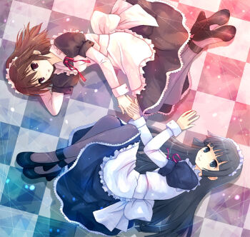 2girls alice_(ragnarok_online) aliza apron black_hair blue_eyes brown_eyes brown_hair elizabeth_(ro) hairband headband long_hair lying maid maid_apron maid_headdress multiple_girls pantyhose ragnarok_online short_hair yakka