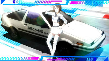 1girl ae86 alternate_costume belly blunt_bangs bob_cut breasts brown_eyes brown_hair car cosplay costume crop_top fujiwara_takumi&#039;s_toyota_trueno_ae86 high_boots high_heels initial_d lipstick makeup medium_breasts midriff mogi_natsuki motor_vehicle official_art race_queen race_track race_vehicle racecar racetrack shin_gekijouban_initial_d short_hair skirt sunglasses thighs toyota toyota_sprinter_trueno