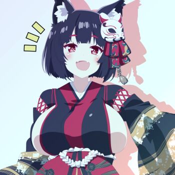 1girl animal_ear_fluff animal_ears arbiter1 azur_lane bilingual_commentary black_kimono breasts cat_ears cat_girl cat_mask commentary english_commentary fangs japanese_clothes kimono large_breasts long_sleeves making-of_available mask mask_on_head mixed-language_commentary open_mouth red_kimono sideboob sideless_kimono simple_background skin_fangs solo two-tone_kimono upper_body white_background wide_sleeves yamashiro_(azur_lane)