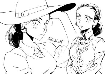 1girl dress earrings greyscale hair_bun hat jewelry jojo_no_kimyou_na_bouken lisa_lisa long_hair maddy monochrome multiple_views single_hair_bun smile sun_hat twitter_username