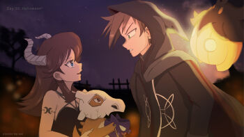 Rule 34 | 1boy, 1girl, absurdres, ahoge, alternate costume, angry, arm tattoo, armpit crease, bare shoulders, black dress, blue eyes, blue oak, breasts, brown hair, cameo, cape, cleavage, cloak, collarbone, crescent moon symbol, cubone, curled horns, demon girl, dress, eyelashes, fake horns, fingernails, from side, gen 1 pokemon, gen 6 pokemon, green (pokemon), green eyes, halloween, halloween costume, halterneck, haunter, height difference, highres, holding, holding pokemon, hood, hooded cloak, horns, long fingernails, long hair, looking at another, medium breasts, neck, night, night sky, nintendo, no bra, no gloves, open mouth, orange hair, outdoors, parted lips, pentacle, pokemon, pokemon (creature), pokemon adventures, profile, pumpkaboo, purrrloin, seductive smile, sidelocks, sky, sleeveless, sleeveless dress, smile, spiked hair, standing, tattoo, upper body