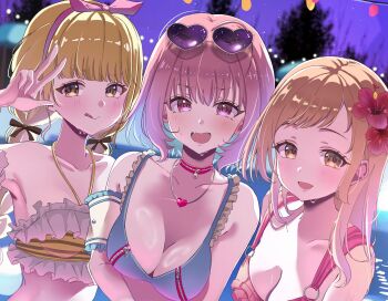 3girls :p ahoge armband bikini black_ribbon blonde_hair blue_bikini blue_hair blurry blurry_background blush bow braid breasts cleavage collarbone eyewear_on_head fang flower frilled_bikini frills fujita_kotone gakuen_idolmaster hair_bow hair_flower hair_ornament hair_ribbon heart heart-shaped_eyewear heart_necklace hibiscus highres idolmaster idolmaster_cinderella_girls idolmaster_shiny_colors jewelry long_hair looking_at_viewer low_twin_braids multicolored_hair multiple_girls necklace nekoi_(nekoi_0116) o-ring o-ring_bikini open_mouth orange_eyes orange_hair pink_bikini pink_eyes pink_hair ribbon sakuragi_mano short_hair skin_fang swept_bangs swimsuit tongue tongue_out twin_braids two-tone_hair w yellow_bikini yellow_eyes yumemi_riamu zipper_bikini zipper_choker