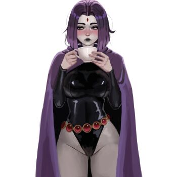 1girl absurdres akinoshi_art belly_chain black_leotard black_lips blush breasts cloak closed_mouth colored_skin commentary cowboy_shot cup dc_comics drinking_glass english_commentary forehead_jewel grey_skin groin highleg highleg_leotard highres holding holding_cup hood hood_down hooded_cloak jewelry leotard long_sleeves looking_to_the_side medium_breasts medium_hair purple_cloak purple_hair raven_(dc) simple_background solo superhero_costume teen_titans white_background