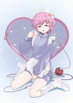 1girl :d alternate_costume apron between_legs blue_jacket blue_shorts boots commentary_request full_body hand_between_legs hand_up heart heart_background highres index_finger_raised jacket jersey jersey_maid komeiji_satori legs long_sleeves looking_at_viewer maid maid_apron maid_headdress open_mouth paryan2010 pink_eyes pink_hair short_hair shorts sitting smile socks solo thighs third_eye touhou unconventional_maid wariza white_boots white_socks