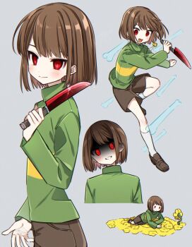 1other :d blush bob_cut bone brown_footwear brown_hair brown_shorts chara_(undertale) closed_mouth cowboy_shot cropped_torso dust dynamic_pose field flower flower_field flowey_(undertale) full_body green_sweater grey_background grin head_tilt heart heart_necklace highres holding holding_knife jewelry kneehighs knife leftporygon loafers long_sleeves looking_at_viewer multiple_views necklace open_mouth other_focus red_eyes shaded_face shoes short_hair shorts simple_background smile socks standing standing_on_one_leg striped_clothes striped_sweater sweater tongue turtleneck turtleneck_sweater two-tone_sweater undertale utdr_(toby_fox) white_socks yellow_flower