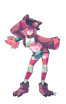 ! 1girl animal_hands animal_hat arm_up ashleigh_hetrick belt_collar belt_pouch black_claws brown_gloves brown_hat brown_jacket brown_shoes brown_shorts cat_hat cat_paws closed_mouth collar commentary contrapposto crop_top cropped_jacket dated disgaea english_commentary fake_claws flat_chest footwear_ribbon frown full_body gloves goggles goggles_on_head goggles_on_headwear green_collar hair_between_eyes hair_tubes hat jacket looking_afar looking_ahead low_ponytail makai_senki_disgaea_2 medium_hair midriff navel open_hand orange_hair outstretched_arm paw_shoes ponytail pouch red_eyes red_ribbon red_thighhighs ribbon shading_eyes shirt shoes short_shorts shorts signature simple_background single_hair_tube slit_pupils solo standing striped_clothes striped_thighhighs thief_(disgaea) thighhighs two-tone_thighhighs white_background white_shirt white_thighhighs wide_sleeves zettai_ryouiki