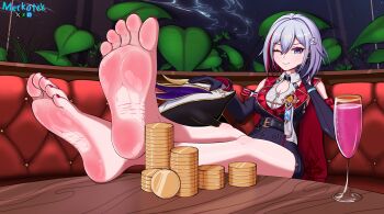 absurdres blue_eyes couch cup drinking_glass feet feet_together foot_focus gem gold highres honkai:_star_rail honkai_(series) legs merkotek money nail_polish numby_(honkai:_star_rail) plant smile soles space sweat toenail_polish toenails toes topaz_(honkai:_star_rail) trotter_(honkai:_star_rail) white_hair window