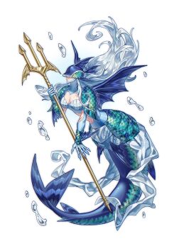 1girl ancientmermaimon armor blue_leotard bluesky_username boobplate breastplate breasts cape cleavage_cutout closed_mouth clothing_cutout commentary confeito000_333 covered_eyes digimon digimon_(creature) faulds fins floating_hair gauntlets grey_hair helmet helmet_over_eyes highres holding holding_polearm holding_weapon leotard medium_breasts mermaid monster_girl navel_cutout polearm red_lips shoulder_armor smile solo symbol-only_commentary trident twitter_username waist_cape water_drop weapon