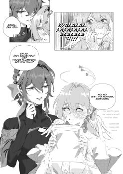 Rule 34 | !, 2girls, absurdres, blush, breasts, commentary, dress, eden (honkai impact), english commentary, english text, gloves, greyscale, halo, head wings, highres, honkai: star rail, honkai (series), honkai impact 3rd, in-franchise crossover, large breasts, long hair, monochrome, multiple girls, robin (honkai: star rail), sweater, turtleneck, turtleneck sweater, wings, yaro yk