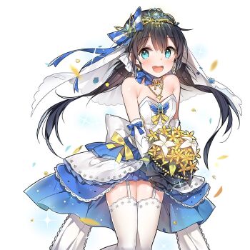 1girl aqua_eyes bare_shoulders blue_hair blue_ribbon blue_skirt bouquet bridal_veil choker commentary_request dress elbow_gloves flower garter_straps gloves gold_tiara holding holding_bouquet jewelry long_hair necklace open_mouth rena_(uchihime) ribbon ribbon_choker skirt star_(symbol) star_necklace thighhighs twintails uchi_no_hime-sama_ga_ichiban_kawaii veil wedding_dress white_garter_straps white_gloves white_thighhighs