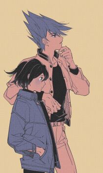 Rule 34 | 2boys, alternate costume, danganronpa (series), danganronpa v3: killing harmony, facial hair, flipped hair, from side, goatee, hair between eyes, hand in pocket, hand on own chin, height difference, highres, jacket, leaning on person, long sleeves, male focus, momota kaito, monochrome, multiple boys, oma kokichi, open clothes, open jacket, panghwi (hyeon sale), pants, profile, sepia, short hair, size difference, spiked hair, standing, yellow background