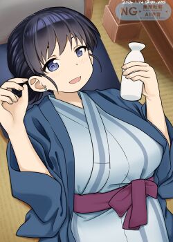 1girl :d arato_nagi black_hair blue_eyes bottle breasts commentary_request ear_piercing floor go_yasukuni highres japanese_clothes kimono large_breasts lying on_back on_floor open_mouth piercing ruri_no_houseki sake_bottle smile tatami