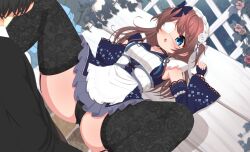 Rule 34 | 1boy, 1girl, absurdres, black choker, black panties, black thighhighs, blue bow, blue eyes, blue gloves, blue sleeves, blush, bow, breasts, brown hair, choker, detached sleeves, dress, eyepatch, feet out of frame, fingerless gloves, fishnet thighhighs, fishnets, flower, frilled dress, frills, fujigaya arctia, gloves, hair bow, hair flower, hair ornament, hetero, highres, lace thighhighs, long hair, looking at another, lying, mahjong soul, maid, maid headdress, medical eyepatch, on back, open mouth, panties, pink flower, pink rose, plant, rose, shinomiya fuyumi, short dress, sleeveless, sleeveless dress, small breasts, solo focus, spread legs, textless version, thighhighs, underwear, variant set, vines, white flower, white rose