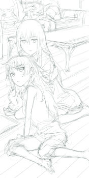 3girls blunt_bangs dress_shirt highres hiyajou_maho indoors long_hair looking_at_viewer makise_kurisu menomorute messy_hair monochrome multiple_girls on_floor reading science_adventure shiina_mayuri shirt shorts sitting steins;gate steins;gate_0 very_long_hair