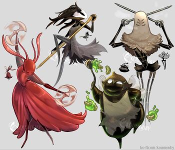 2girls 2others apron arthropod_girl closed_eyes commentary disgraced_chef_lugoli_(hollow_knight) dress dual_wielding english_commentary extra_eyes extra_legs grey_apron highres holding holding_weapon hollow_knight hollow_knight:_silksong insect_girl insect_wings koumouby multiple_girls multiple_others official_art_inset phantom_(hollow_knight) pin_(hollow_knight) red_dress reference_inset skarrsinger_karmelita_(hollow_knight) spider_girl spinning watermark weapon widow_(hollow_knight) wings