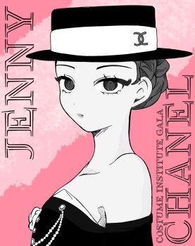 1girl anais0908 artist_name_(singer) bare_shoulders blackpink chanel chibi commentary_request eyelashes greyscale_with_colored_background hair_bun hat highres jennie_(blackpink) korean_commentary pink_background profile real_life solo upper_body