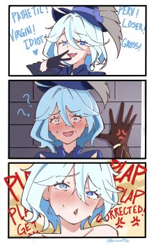 1boy 1girl 3koma ? ?? aether_(genshin_impact) against_wall anger_vein blue_eyes blue_hair blush comic english_text furina_(genshin_impact) genshin_impact gloves hat heterochromia highres implied_sex karasawa_miko looking_at_viewer mesugaki multicolored_hair naughty_face open_mouth plap_plap_plap_get_pregnant_(meme) pov raised_eyebrows scared shaded_face solo_focus sweat two-tone_hair white_hair