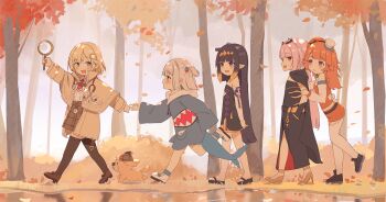 5girls aged_down autumn_leaves black_cape black_dress black_skirt blonde_hair blue_eyes blue_hoodie brown_capelet brown_coat brown_footwear brown_skirt brown_thighhighs bubba_(watson_amelia) cape capelet coat commentary_request dog dress fins fish_tail full_body gawr_gura gawr_gura_(1st_costume) gradient_hair hair_ornament hand_up hands_in_pockets hat hiding hiding_behind_another high_heels highres holding holding_magnifying_glass hololive hololive_english holomyth hood hoodie leaf leaf_pile long_hair looking_back magnifying_glass mini_hat mori_calliope mori_calliope_(1st_costume) multicolored_hair multiple_girls ninomae_ina&#039;nis ninomae_ina&#039;nis_(1st_costume) one_side_up open_mouth orange_eyes orange_hair orange_shirt orange_skirt orobou outdoors pink_eyes pink_hair plaid_clothes plaid_skirt pointy_ears purple_eyes purple_hair reaching reaching_towards_another river running sandals shark_tail shirt shoes short_hair side_slit skirt sleeveless sleeveless_shirt smile standing standing_on_one_leg stethoscope tail takanashi_kiara takanashi_kiara_(1st_costume) tentacle_hair thighhighs tree virtual_youtuber walking watson_amelia watson_amelia_(1st_costume) white_background white_footwear white_hair white_hat yellow_shoes