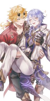 2boys ^_^ absurdres ahoge armor artist_name black_gloves black_shirt black_vest blonde_hair blue_hair blue_pants blush bubble_tea carrying closed_eyes collarbone collared_jacket commentary_request crossed_bangs cup disposable_cup drinking_straw fake_horns fingerless_gloves floral_print genshin_impact gloves gold_trim green_eyes hair_between_eyes hair_ornament hair_over_shoulder half_gloves hands_up hata_(ohataa0) headband highres holding holding_cup horned_headwear horns jacket japanese_armor japanese_clothes jewelry kamisato_ayato kimono lapels long_hair long_sleeves looking_at_another low_ponytail male_focus medium_hair mole mole_under_mouth multiple_boys necklace open_clothes open_jacket open_mouth pants parted_bangs ponytail princess_carry raised_eyebrows red_jacket rope round_teeth shirt shoulder_armor sidelocks simple_background smile sode sparkle standing sweatdrop swept_bangs tassel teeth thoma_(genshin_impact) twitter_username vest white_background white_jacket white_pants wide_sleeves