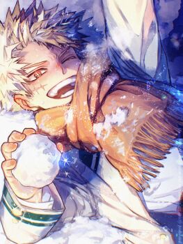 Rule 34 | 1boy, absurdres, arms up, bakugou katsuki, blonde hair, boku no hero academia, commentary request, dutch angle, facial scar, grey jacket, highres, holding, holding snowball, jacket, lapels, male focus, one eye closed, open clothes, open jacket, open mouth, red eyes, red scarf, scar, scar on cheek, scar on face, scarf, school uniform, smile, snow, snowball, solo, spiked hair, teeth, u.a. school uniform, yl nui