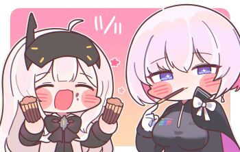 absurdres blue_eyes blush breasts cloak closed_eyes dress eye_contact food food_in_mouth gloves goddess_of_victory:_nikke head-mounted_display highres holding holding_food holding_pocky liliweiss_(nikke) long_hair looking_at_another looking_at_viewer mming_(mmingis18) mouth_hold multicolored_hair multiple_girls pink_hair pocky pocky_day pocky_in_mouth shiny_eyes short_hair side_cape smile snow_white_(innocent_days)_(nikke) snow_white_(nikke) star-shaped_pupils star_(symbol) symbol-shaped_pupils tight_clothes tight_dress two-tone_cape visor_(armor) visor_lift white_cloak white_gloves white_hair