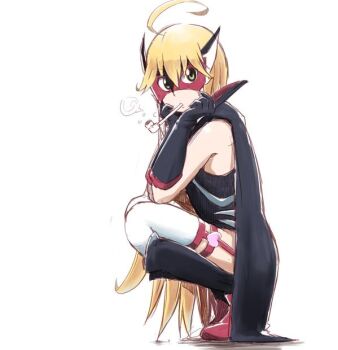 1girl ahoge blonde_hair blowing_bubbles boots cape domino_mask doronjo elbow_gloves eye_mask from_side full_body gloves green_eyes head_rest kaauchi knee_boots leopard_(yatterman) mask solo squatting thighhighs time_bokan_(series) yatterman yoru_no_yatterman