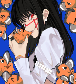 1girl :3 @_@ absurdres aegyo_sal bead_bracelet beads biting black_hair blue_background bracelet chainsaw chainsaw_man closed_eyes crop_top cross_scar earrings facial_scar highres jewelry juliet_sleeves long_hair long_sleeves looking_at_viewer pearl_earrings pochita_(chainsaw_man) puffy_sleeves red_eyes ringed_eyes sailen0 scar scar_on_cheek scar_on_face sideways_glance simple_background yoru_(chainsaw_man)