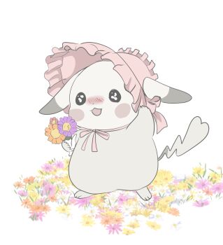 alternate_color alternate_form blush bonnet commentary_request droopy_ears ears_down ears_through_headwear flower full_body gen_1_pokemon highres holding holding_flower nintendo no_humans open_mouth pako_(pousse-cafe) peakychu pikachu pink_bonnet pokemon pokemon_(creature) pokemon_focus pokemon_pokopia smile solo tail